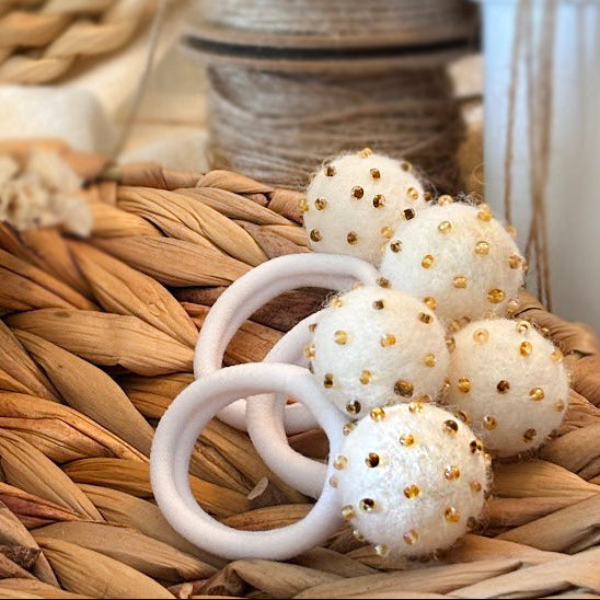 White Pom Pom Hair Ties, Set of 2, with Gold Beads