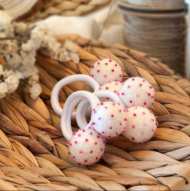 White Pom Pom Hair Ties, Set of 2, with Pink Beads