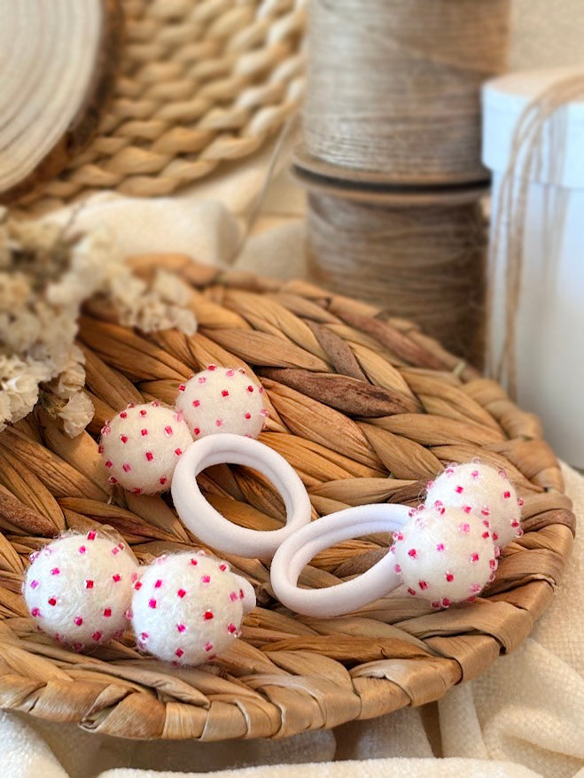 White Pom Pom Hair Ties, Set of 2, with Pink Beads
