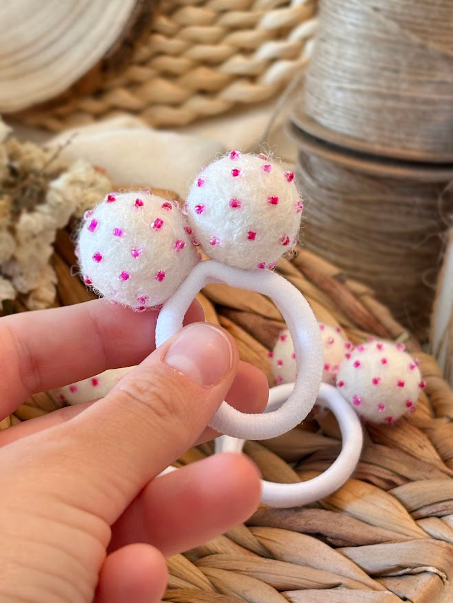White Pom Pom Hair Ties, Set of 2, with Pink Beads
