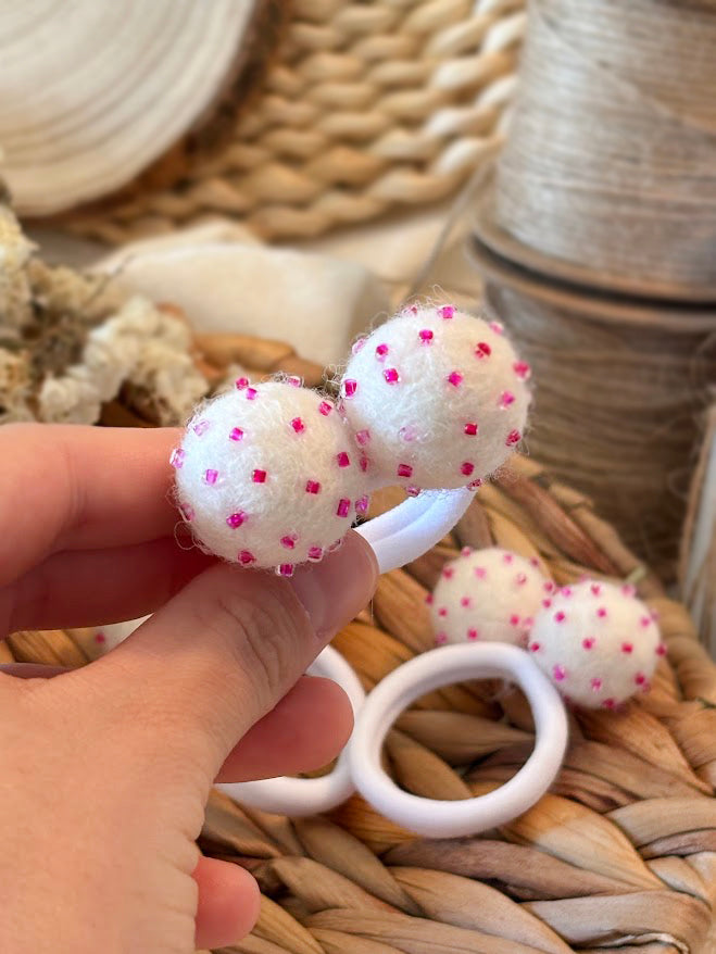 White Pom Pom Hair Ties, Set of 2, with Pink Beads