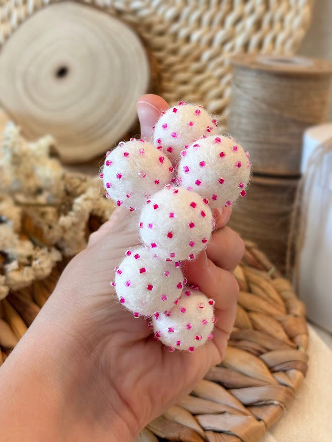 White Pom Pom Hair Ties, Set of 2, with Pink Beads