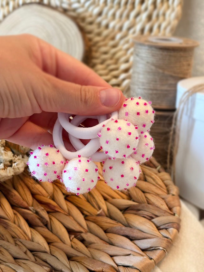 White Pom Pom Hair Ties, Set of 2, with Pink Beads