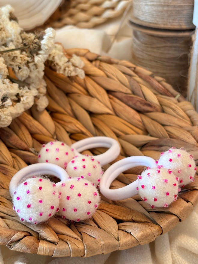 White Pom Pom Hair Ties, Set of 2, with Pink Beads