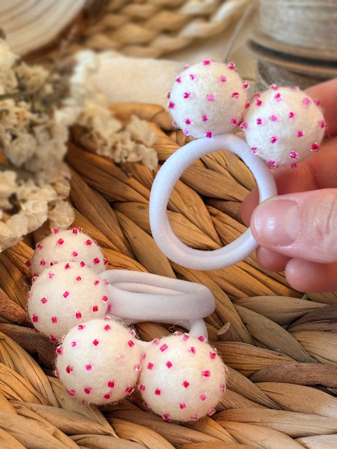 White Pom Pom Hair Ties, Set of 2, with Pink Beads