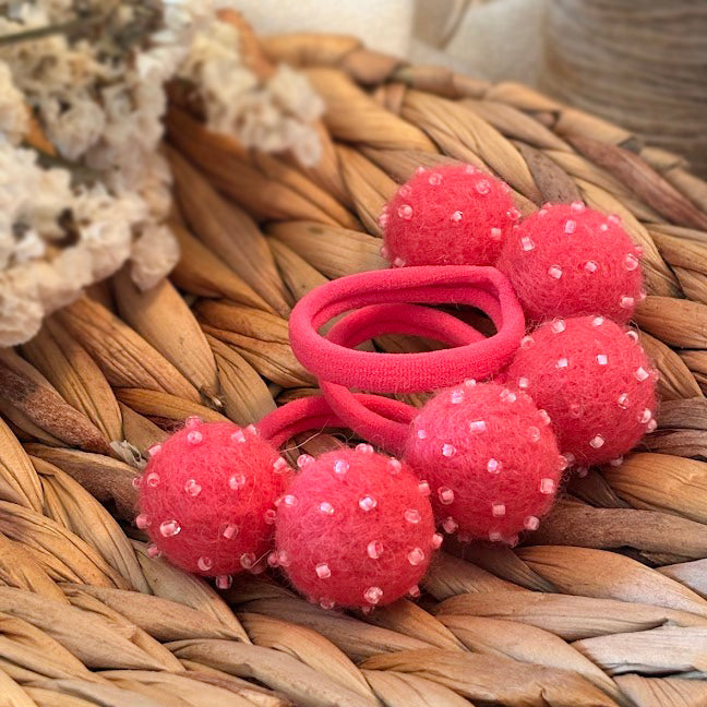 Magenta Pom Pom Hair Ties, Set of 2, with Pink Beads