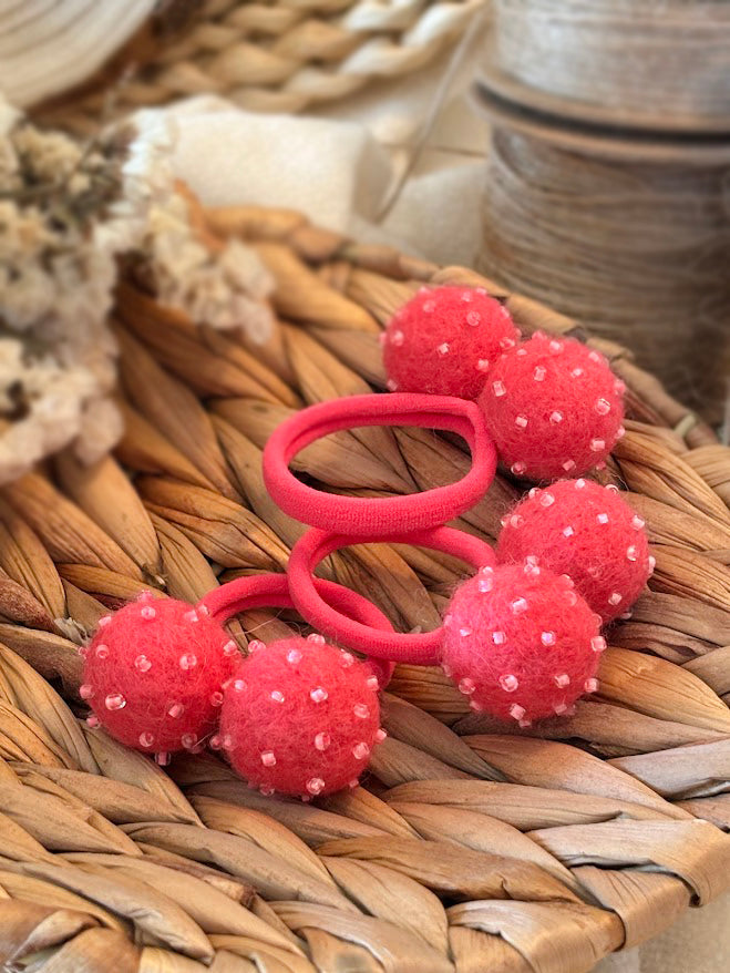 Magenta Pom Pom Hair Ties, Set of 2, with Pink Beads