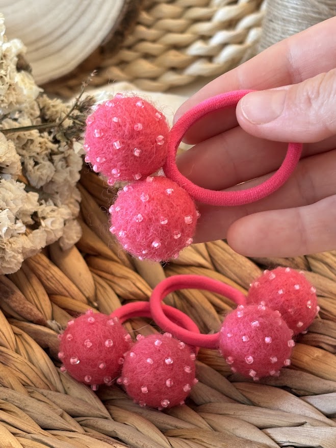 Magenta Pom Pom Hair Ties, Set of 2, with Pink Beads