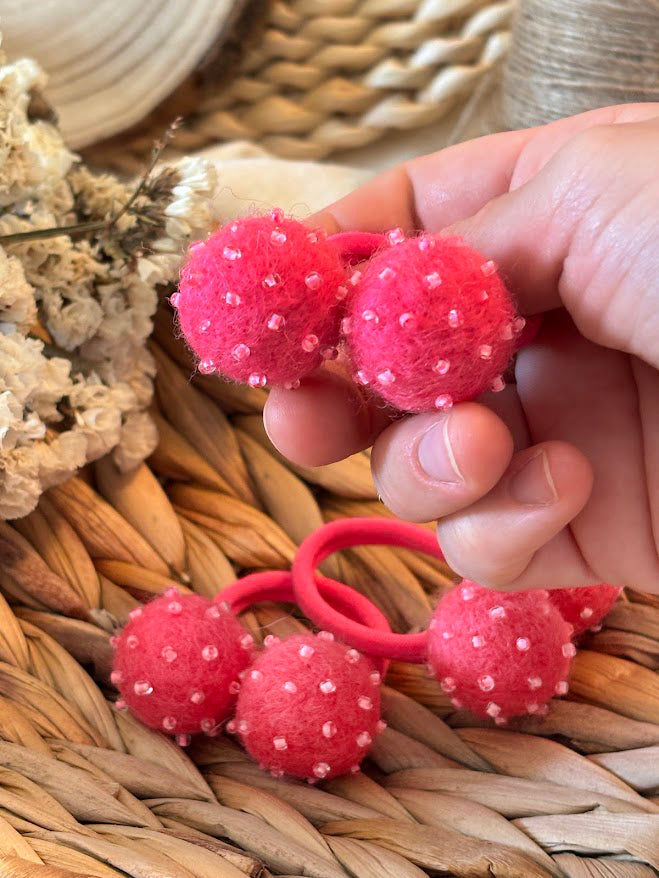 Magenta Pom Pom Hair Ties, Set of 2, with Pink Beads