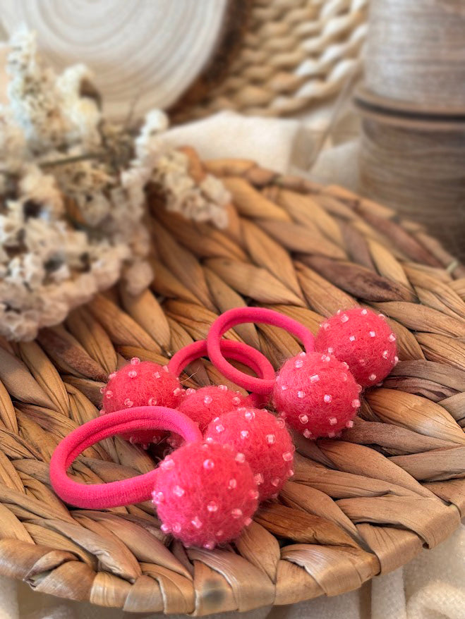 Magenta Pom Pom Hair Ties, Set of 2, with Pink Beads