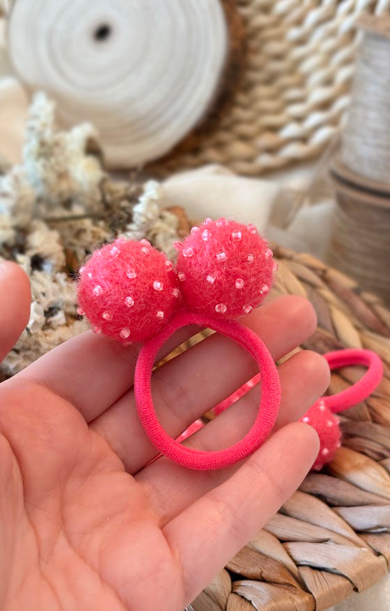Magenta Pom Pom Hair Ties, Set of 2, with Pink Beads
