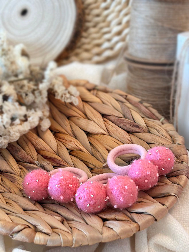 Hot Pink Pom Pom Hair Ties, Set of 2, with Pink Beads