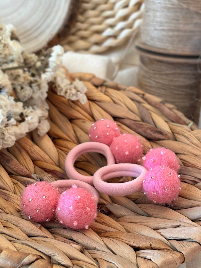 Hot Pink Pom Pom Hair Ties, Set of 2, with Pink Beads
