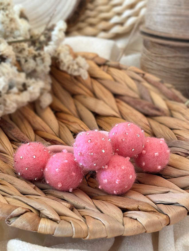 Hot Pink Pom Pom Hair Ties, Set of 2, with Pink Beads
