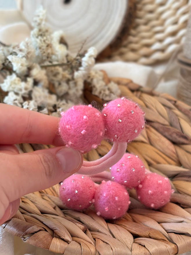 Hot Pink Pom Pom Hair Ties, Set of 2, with Pink Beads