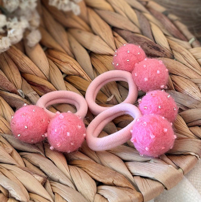 Hot Pink Pom Pom Hair Ties, Set of 2, with Pink Beads