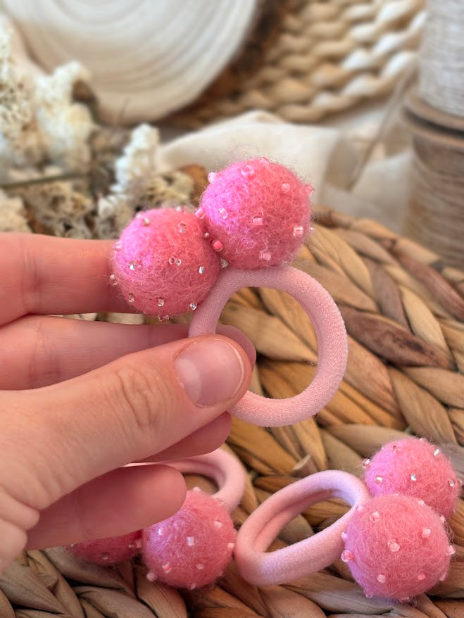 Hot Pink Pom Pom Hair Ties, Set of 2, with Pink Beads