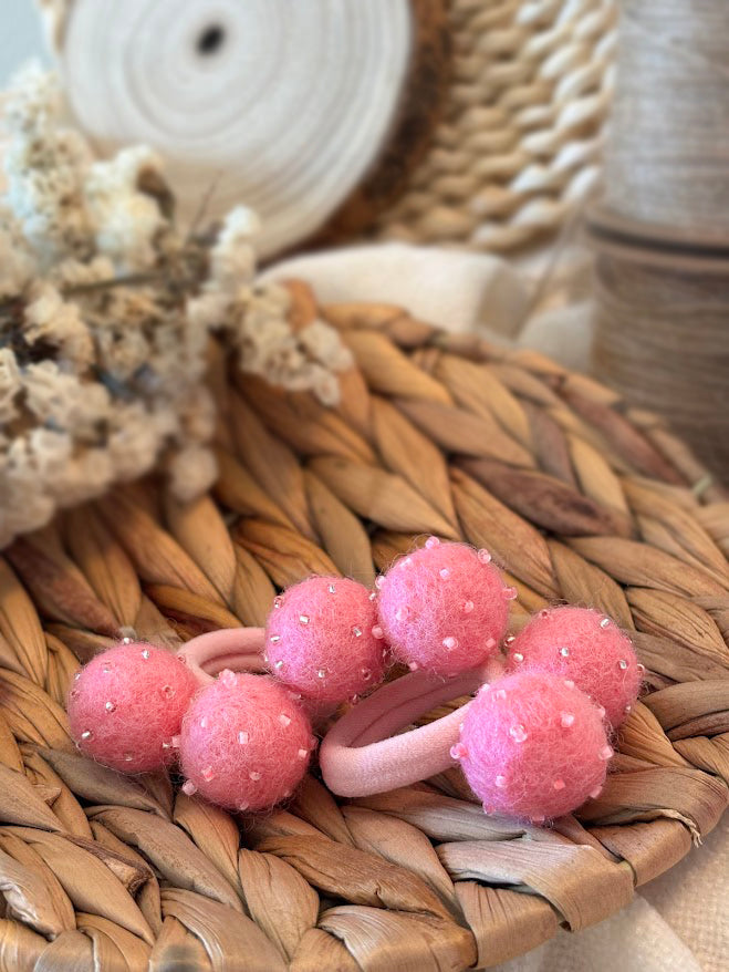 Hot Pink Pom Pom Hair Ties, Set of 2, with Pink Beads