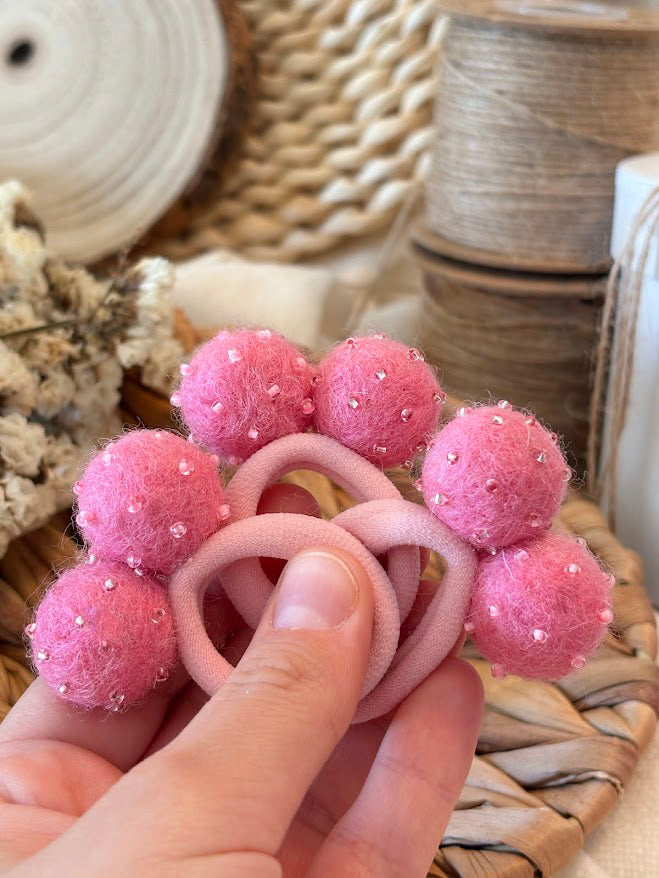 Hot Pink Pom Pom Hair Ties, Set of 2, with Pink Beads
