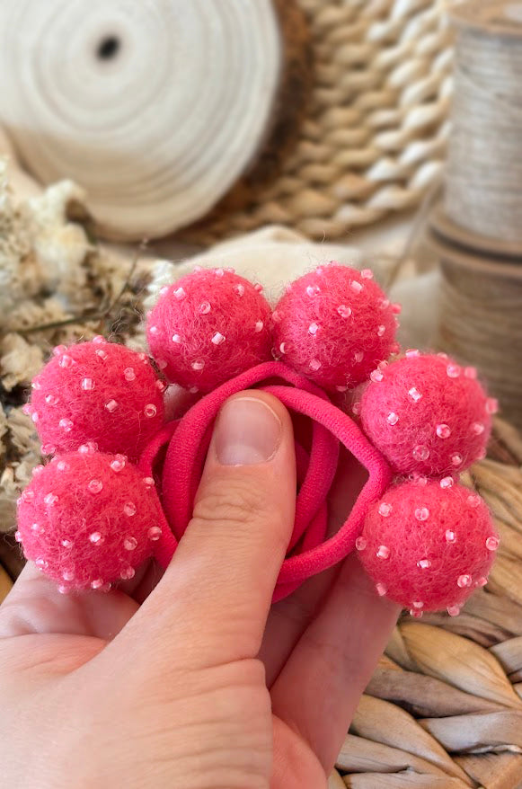 Magenta Pom Pom Hair Ties, Set of 2, with Pink Beads