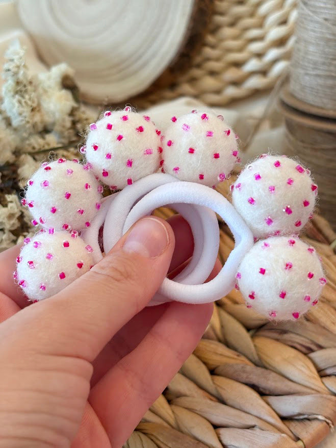 White Pom Pom Hair Ties, Set of 2, with Pink Beads