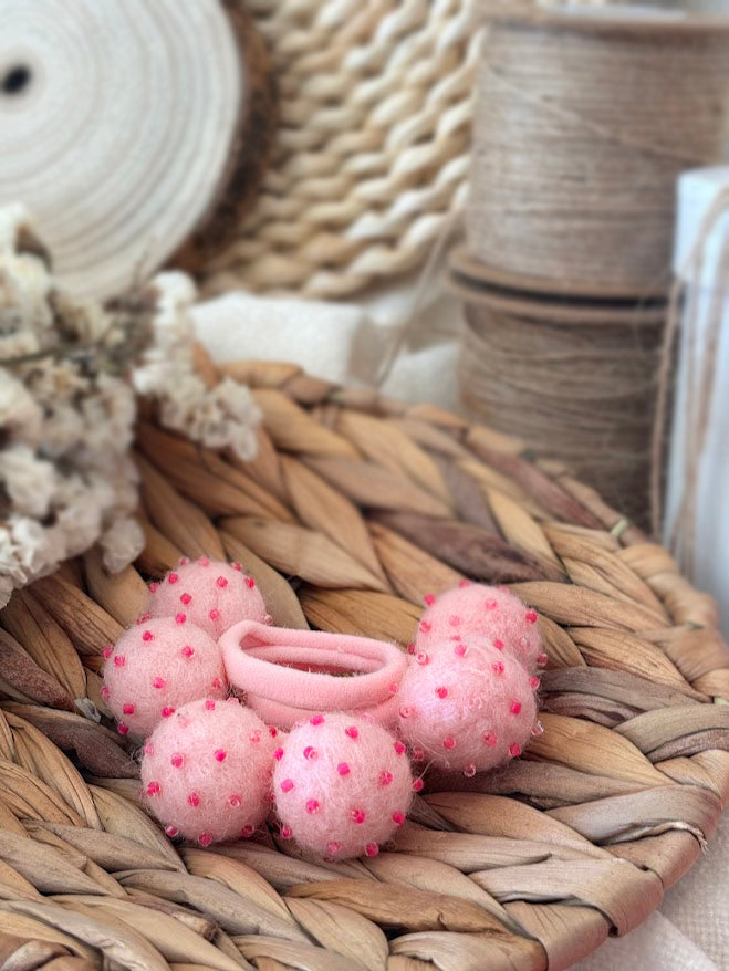 Soft Pink Pom Pom Hair Ties, Set of 2, with Magenta Beads