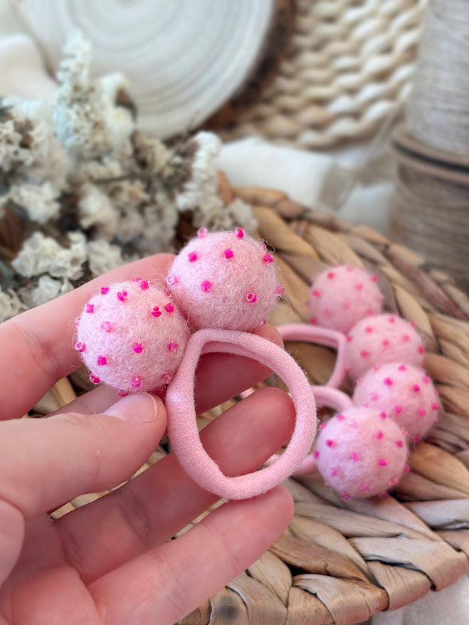 Soft Pink Pom Pom Hair Ties, Set of 2, with Magenta Beads