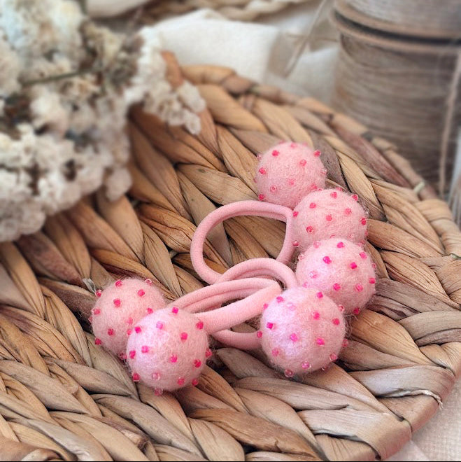 Soft Pink Pom Pom Hair Ties, Set of 2, with Magenta Beads