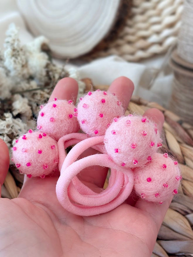 Soft Pink Pom Pom Hair Ties, Set of 2, with Magenta Beads
