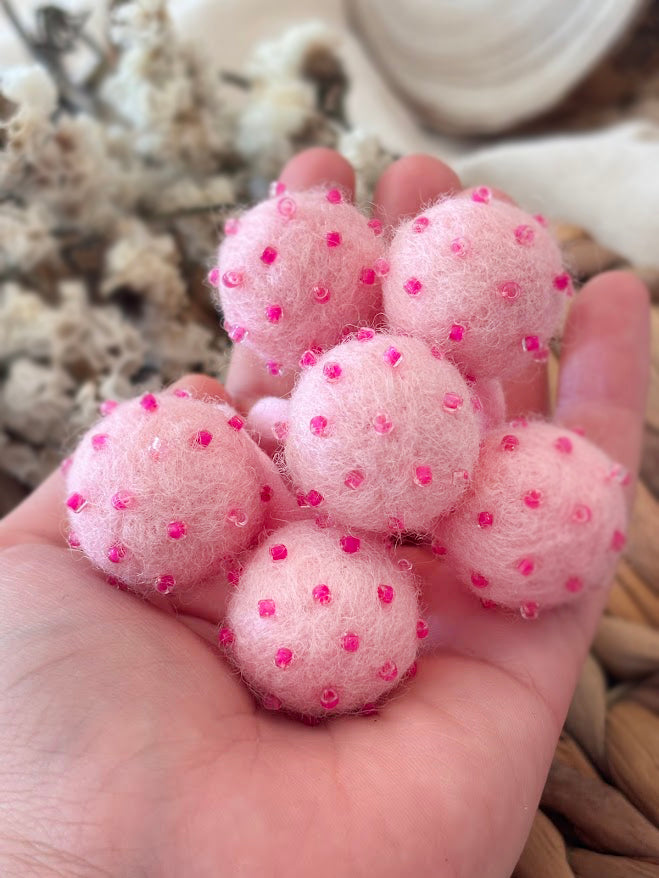 Soft Pink Pom Pom Hair Ties, Set of 2, with Magenta Beads