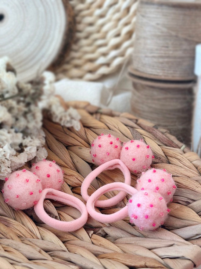 Soft Pink Pom Pom Hair Ties, Set of 2, with Magenta Beads