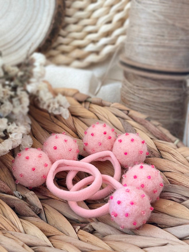 Soft Pink Pom Pom Hair Ties, Set of 2, with Magenta Beads