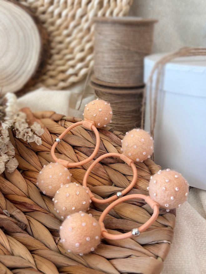 Beaded Pom Pom Hair Ties Set of 2 - Peach Pearl