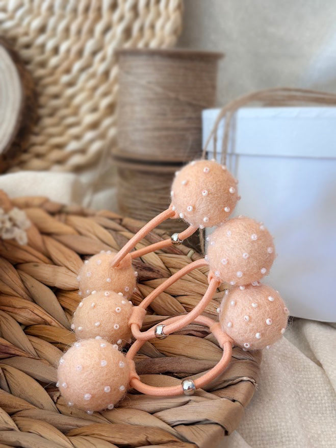 Beaded Pom Pom Hair Ties Set of 2 - Peach Pearl