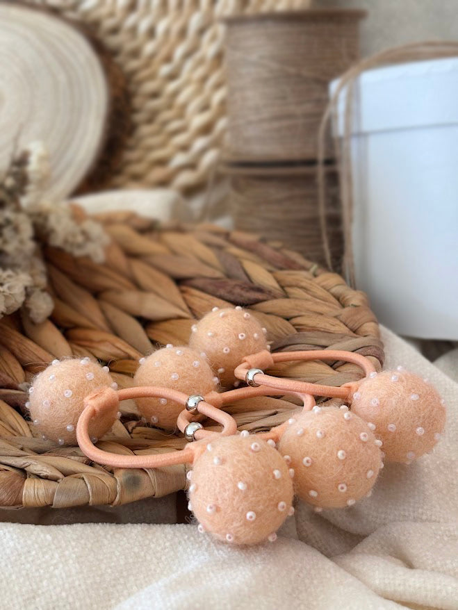 Beaded Pom Pom Hair Ties Set of 2 - Peach Pearl
