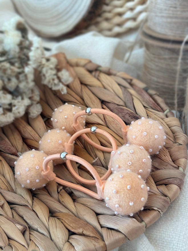 Beaded Pom Pom Hair Ties Set of 2 - Peach Pearl