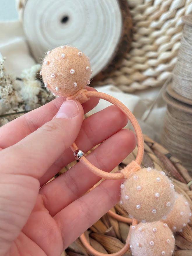 Beaded Pom Pom Hair Ties Set of 2 - Peach Pearl