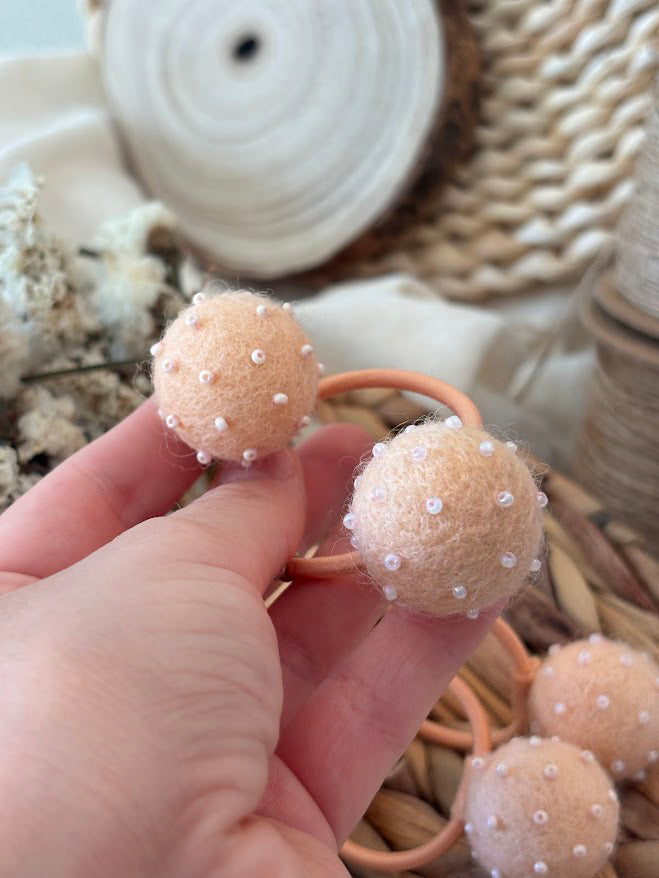Beaded Pom Pom Hair Ties Set of 2 - Peach Pearl