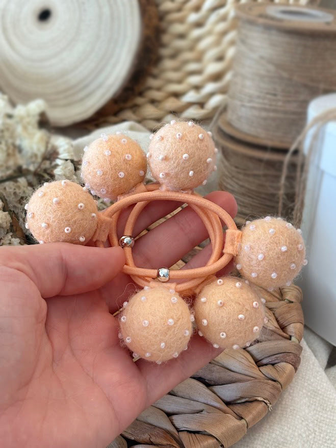 Beaded Pom Pom Hair Ties Set of 2 - Peach Pearl
