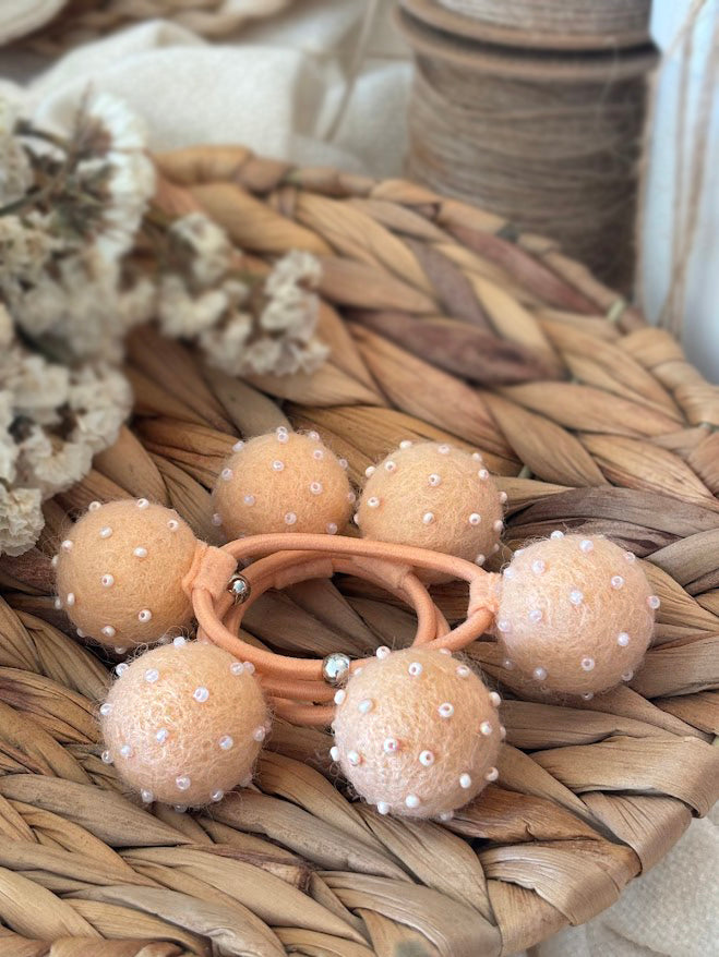 Beaded Pom Pom Hair Ties Set of 2 - Peach Pearl