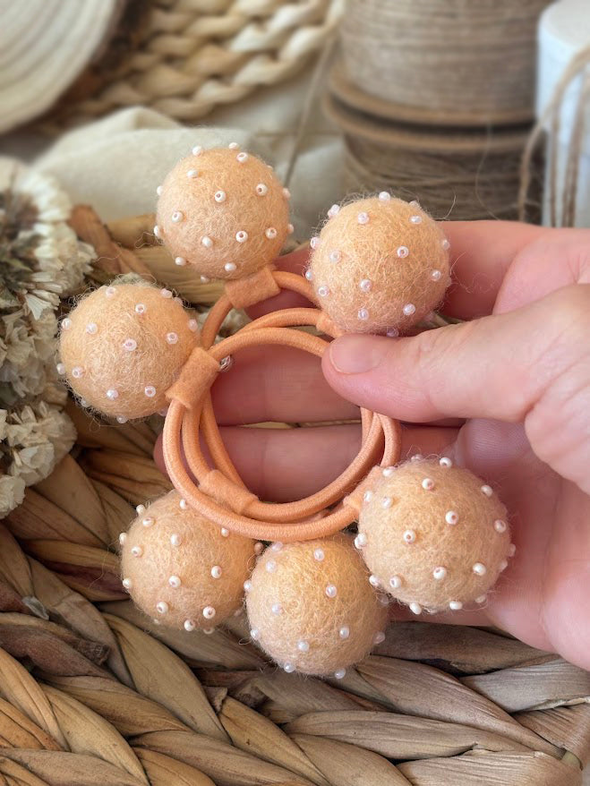 Beaded Pom Pom Hair Ties Set of 2 - Peach Pearl