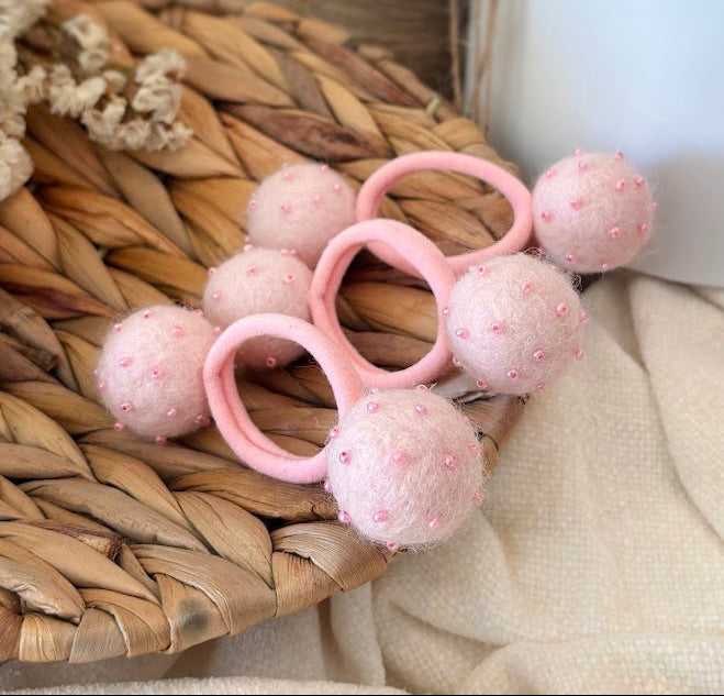 Light Pink Pom Pom Hair Ties, Set of 2, with beads