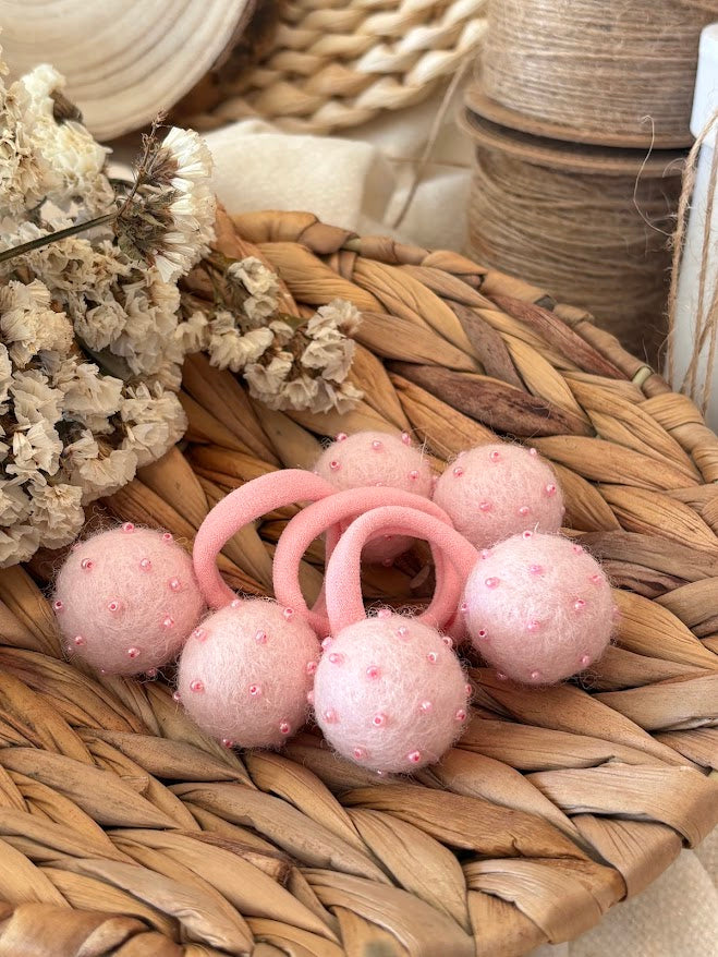 Light Pink Pom Pom Hair Ties, Set of 2, with beads