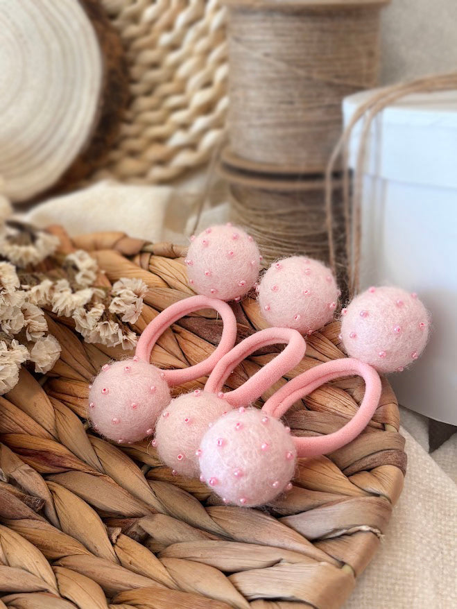 Light Pink Pom Pom Hair Ties, Set of 2, with beads