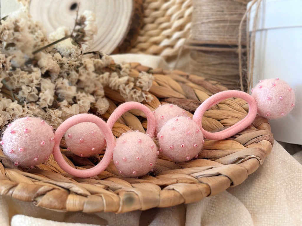 Light Pink Pom Pom Hair Ties, Set of 2, with beads