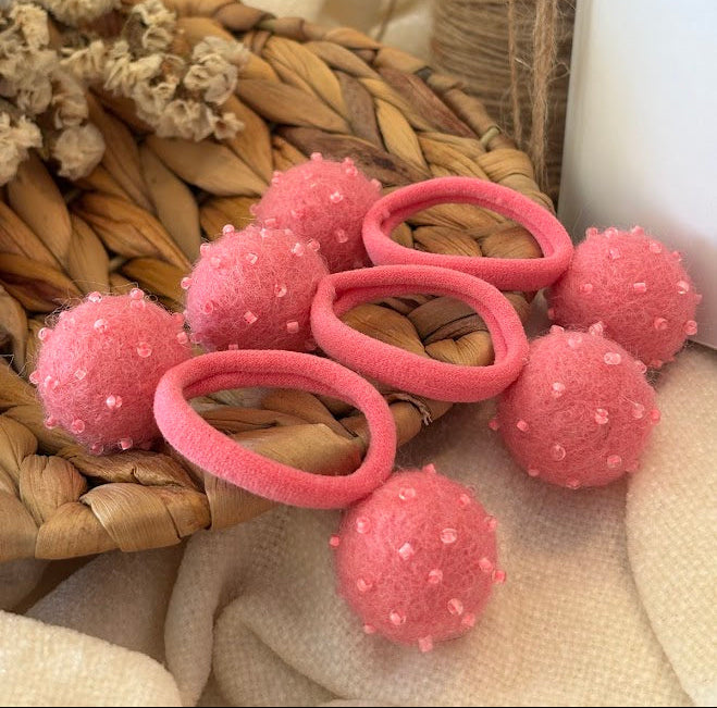 Hot Pink Pom Pom Hair Ties, Set of 2, with Beads