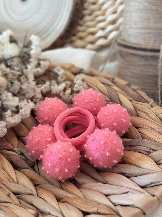 Hot Pink Pom Pom Hair Ties, Set of 2, with Beads