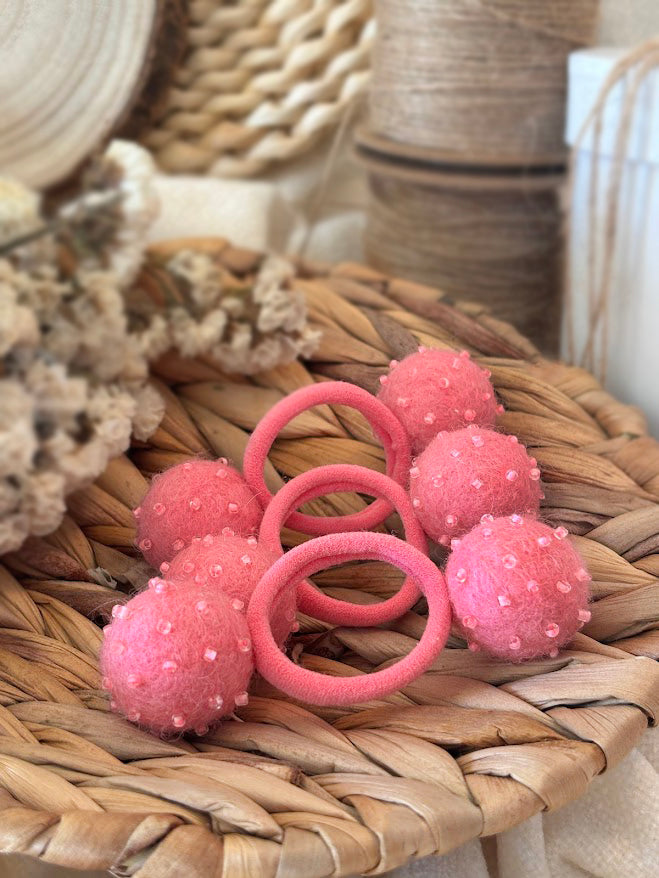 Hot Pink Pom Pom Hair Ties, Set of 2, with Beads