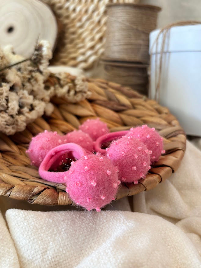Hot Pink Pom Pom Hair Ties, Set of 2, with Beads