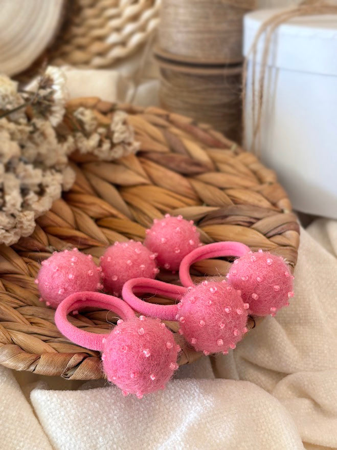 Hot Pink Pom Pom Hair Ties, Set of 2, with Beads